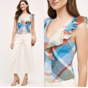 Anthropologie Maeve Madra Sleeve less Ruffle V Neck Top Size 10.